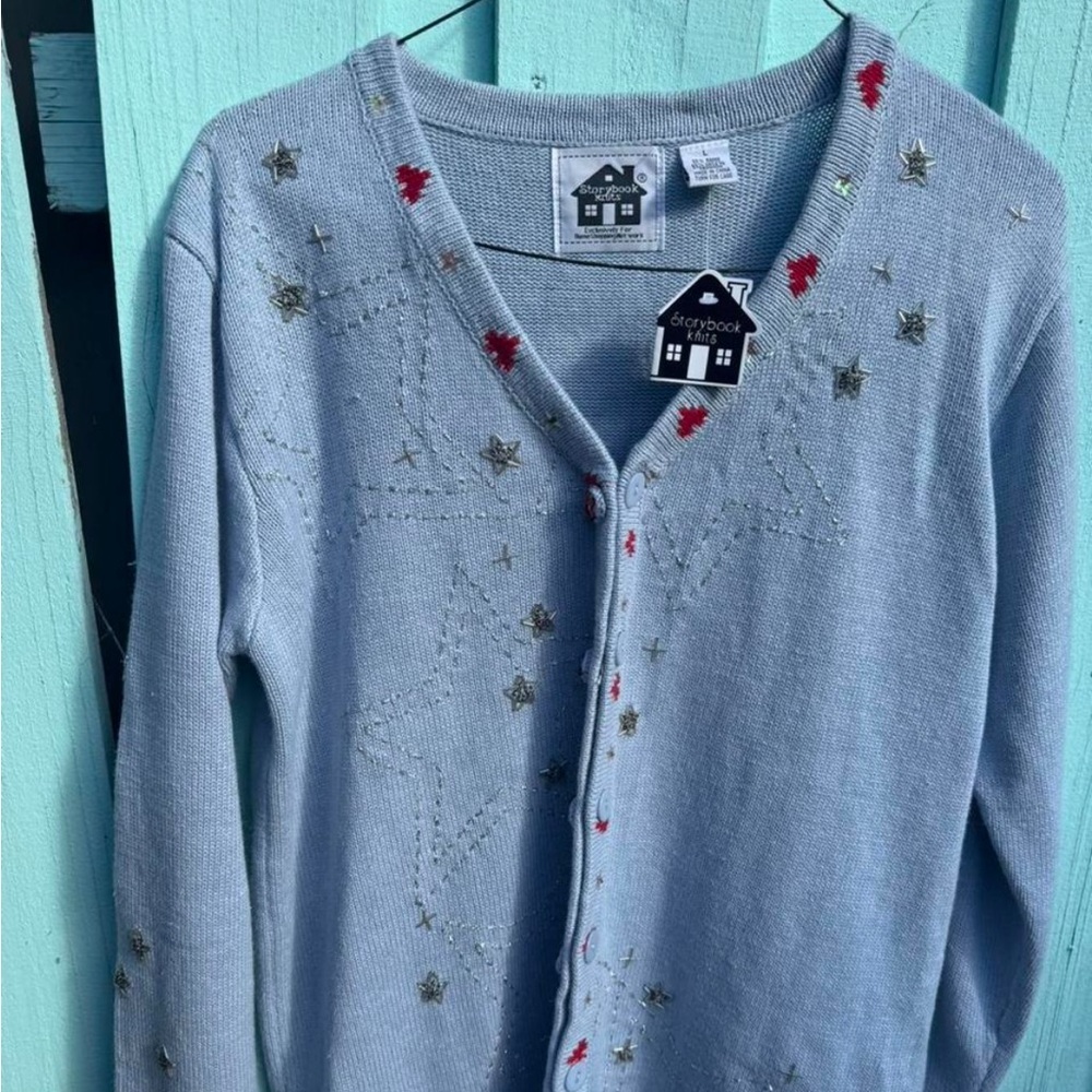 Storybook Knits Light blue Cardigan with Red and Gold Accents - Picture 6 of 9